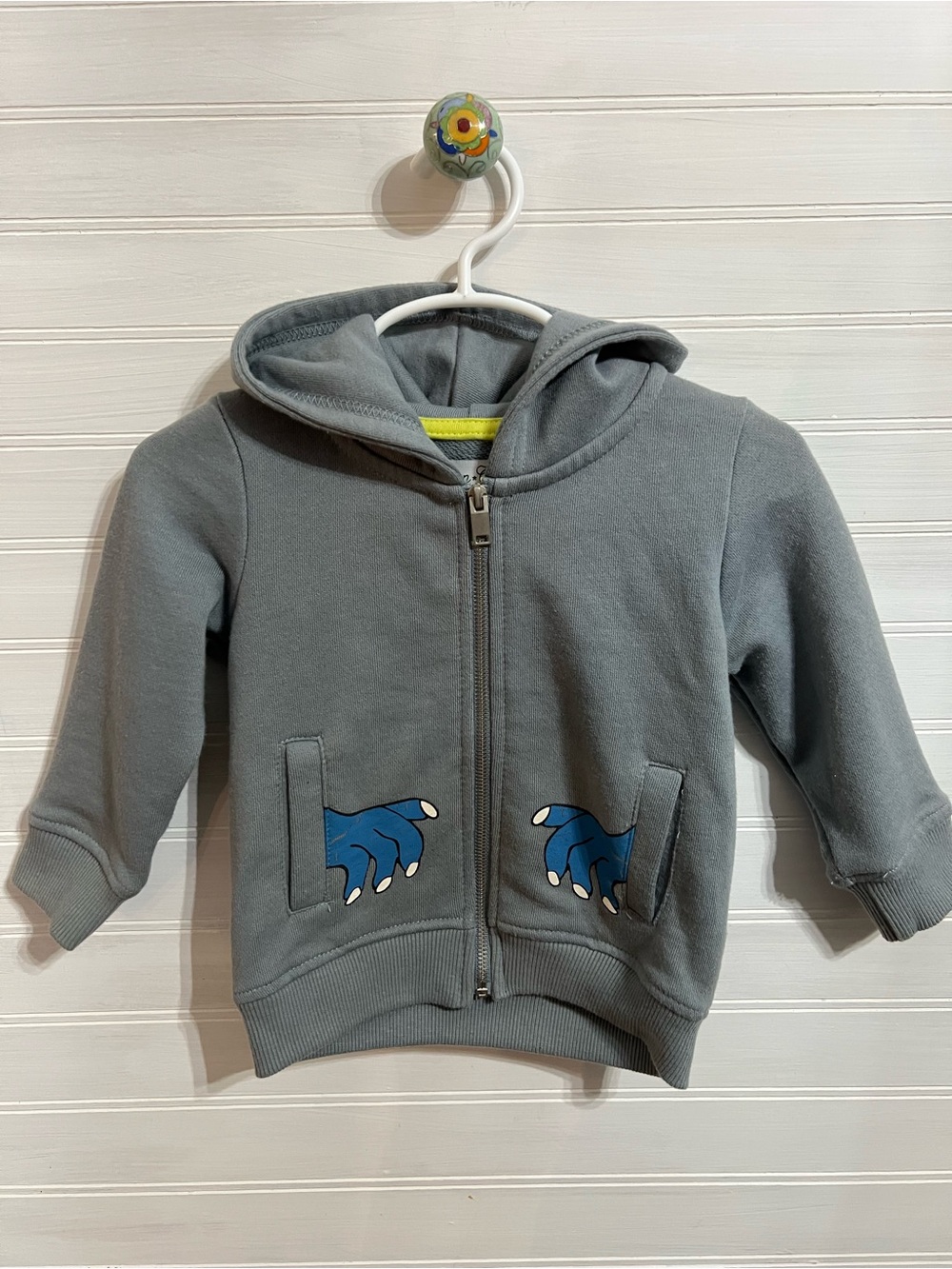 Baby Grey Zip-Up Hoodie with Blue Monster Hand Pockets Size 12m